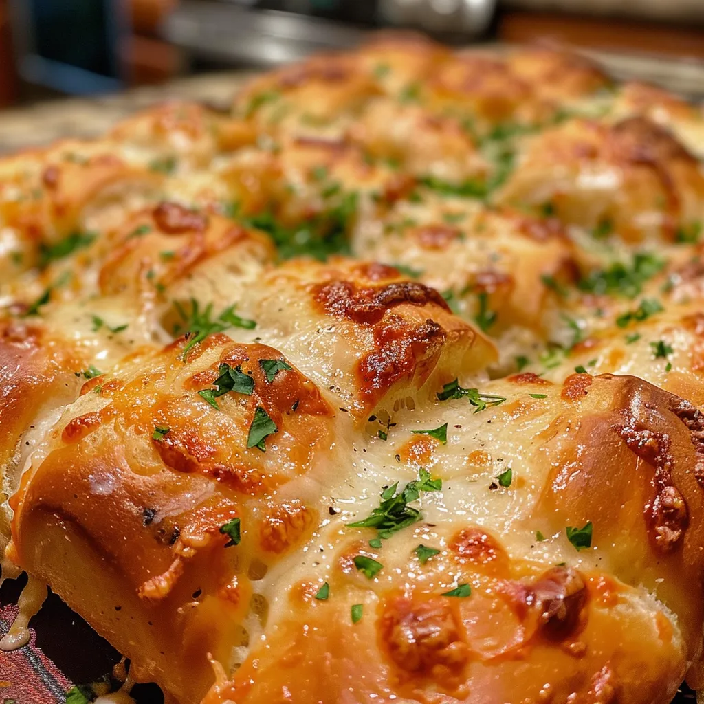 Appetizing golden bread featuring melted cheese and minced garlic, photographed closely.