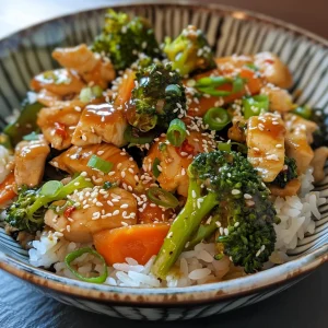 A side view of a delicious chicken stir fry, showcasing glossy sauce and fresh ingredients.