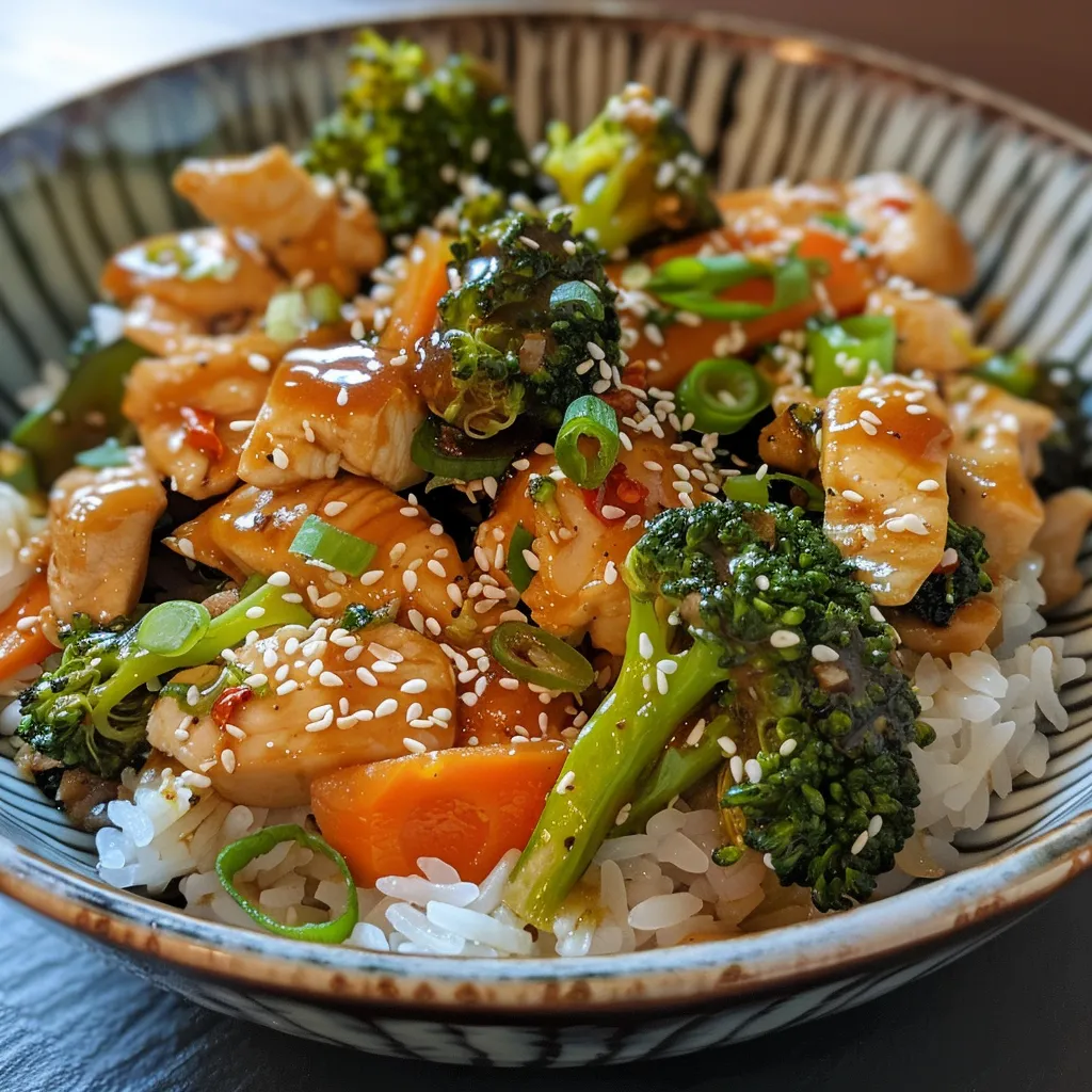 A side view of a delicious chicken stir fry, showcasing glossy sauce and fresh ingredients.