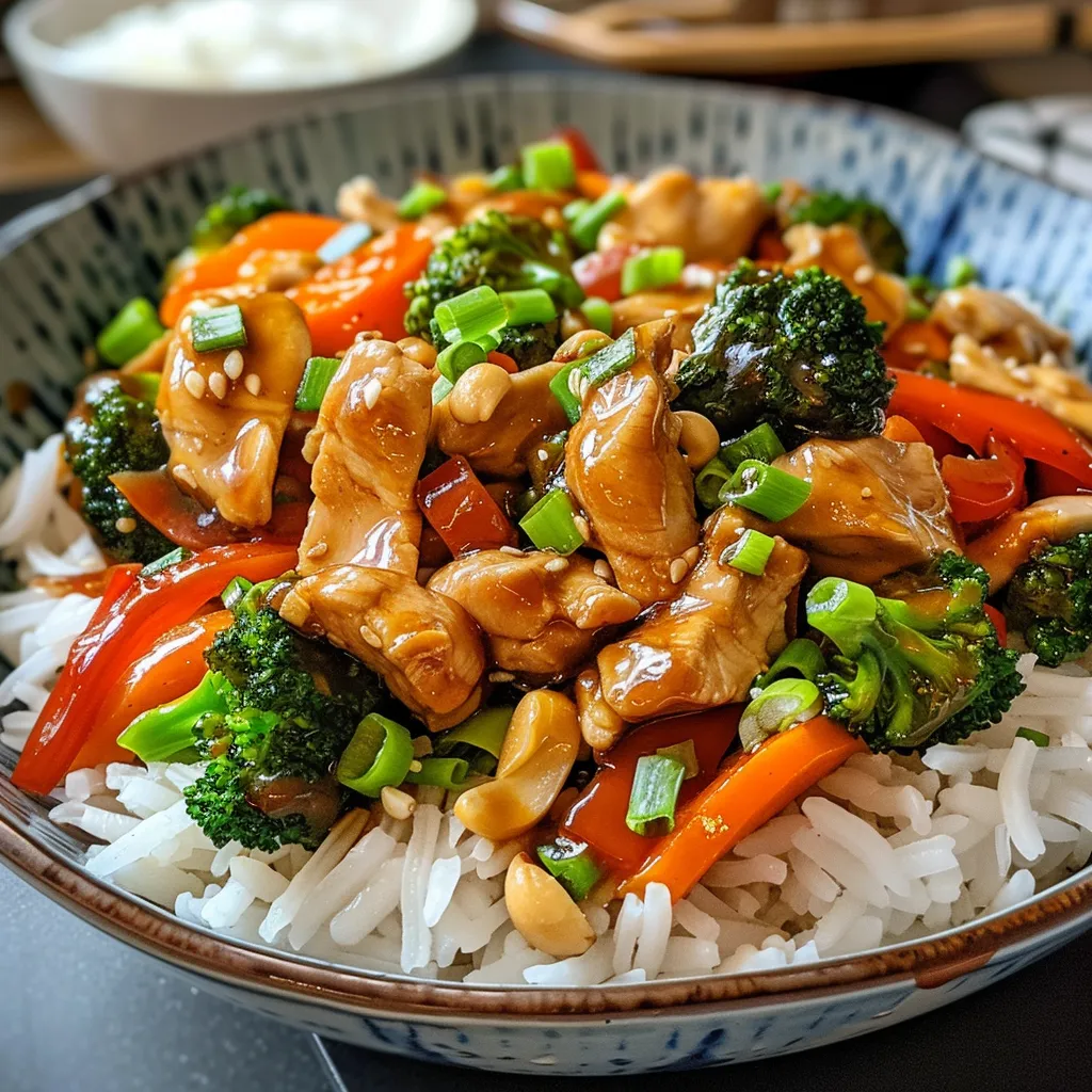 Colorful stir fry featuring sliced chicken, water chestnuts, and a variety of vegetables.