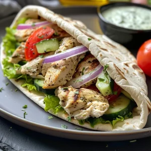 Side view of a Greek chicken wrap filled with chicken, tomatoes, cucumbers, and yogurt sauce.