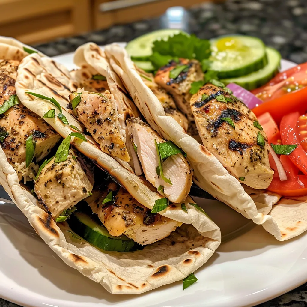 Delicious Greek chicken wraps arranged neatly with vibrant vegetables and sauce.