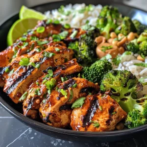 Juicy grilled chicken served over steamed broccoli and rice in a bowl.