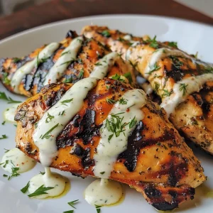 Detail shot of grilled chicken breast accompanied by a tangy yogurt dressing.