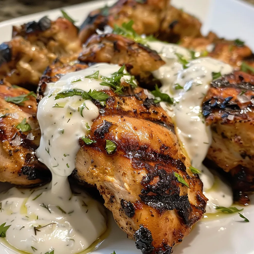 Delicious grilled chicken garnished with yogurt sauce and herbs.