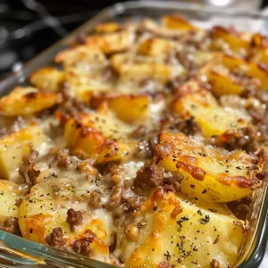 Juicy ground beef and potatoes casserole served in a baking dish, with a golden crust.