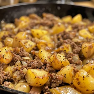 A side view of a delicious ground beef and potatoes dish in a skillet, highlighting the textures of the ingredients.