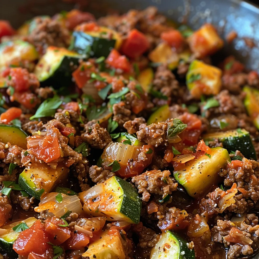 Side view of a skillet filled with ground beef, zucchini pieces, and herbs, ready to serve.