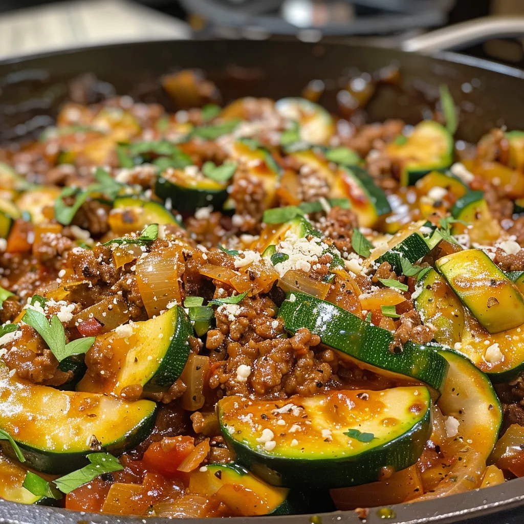 A vibrant Ground Beef and Zucchini dish in a pan, showcasing colorful ingredients and melted cheese.