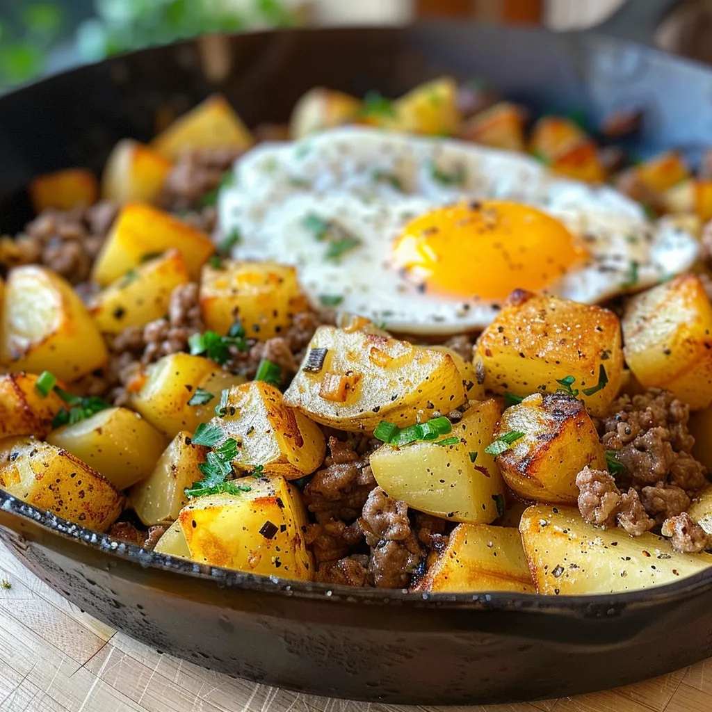 Juicy ground beef breakfast hash in a skillet, displaying a mix of ingredients like potatoes, onions, and green herbs.