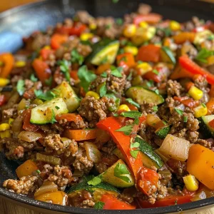 Juicy ground beef mingled with bell peppers, zucchini, and carrots in a skillet, presented in a close-up shot.
