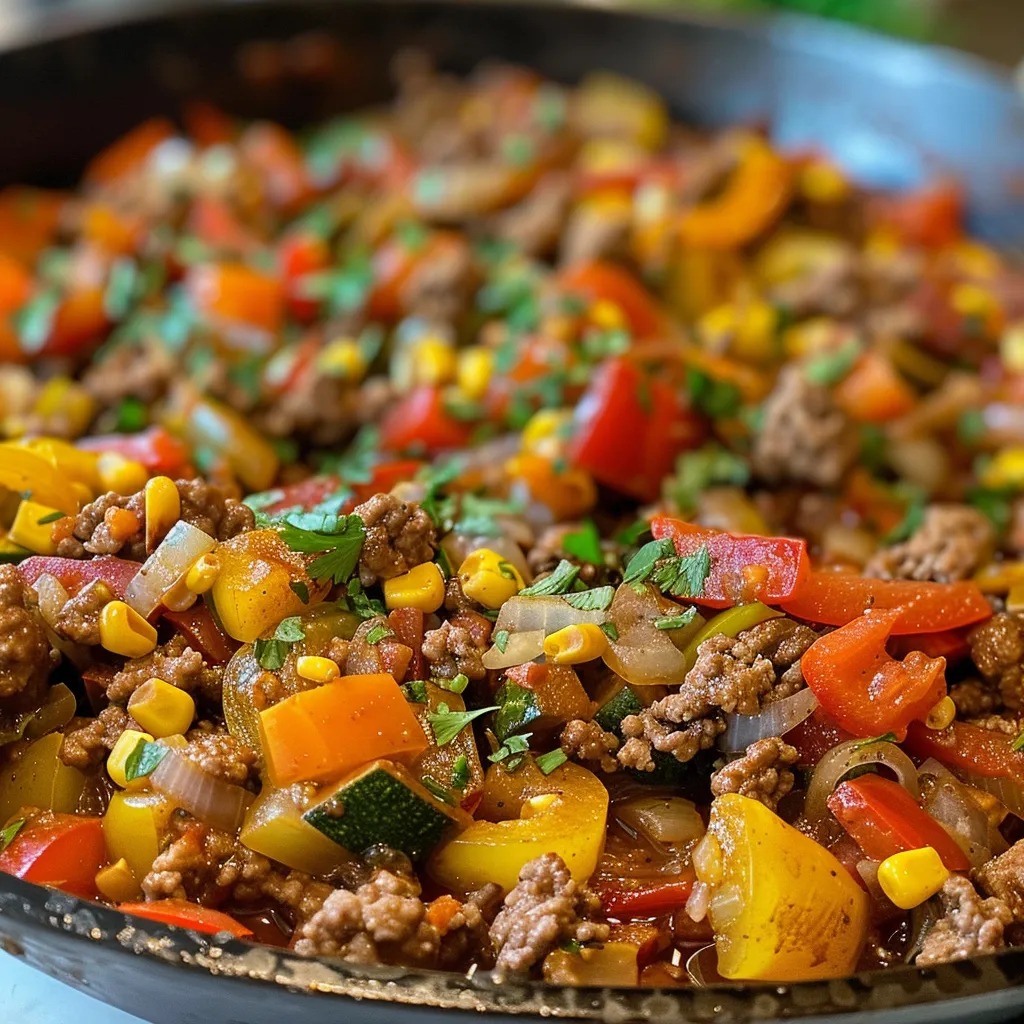 An enticing skillet dinner featuring ground beef and mixed vegetables, captured in detail with an iPhone 15 Pro.