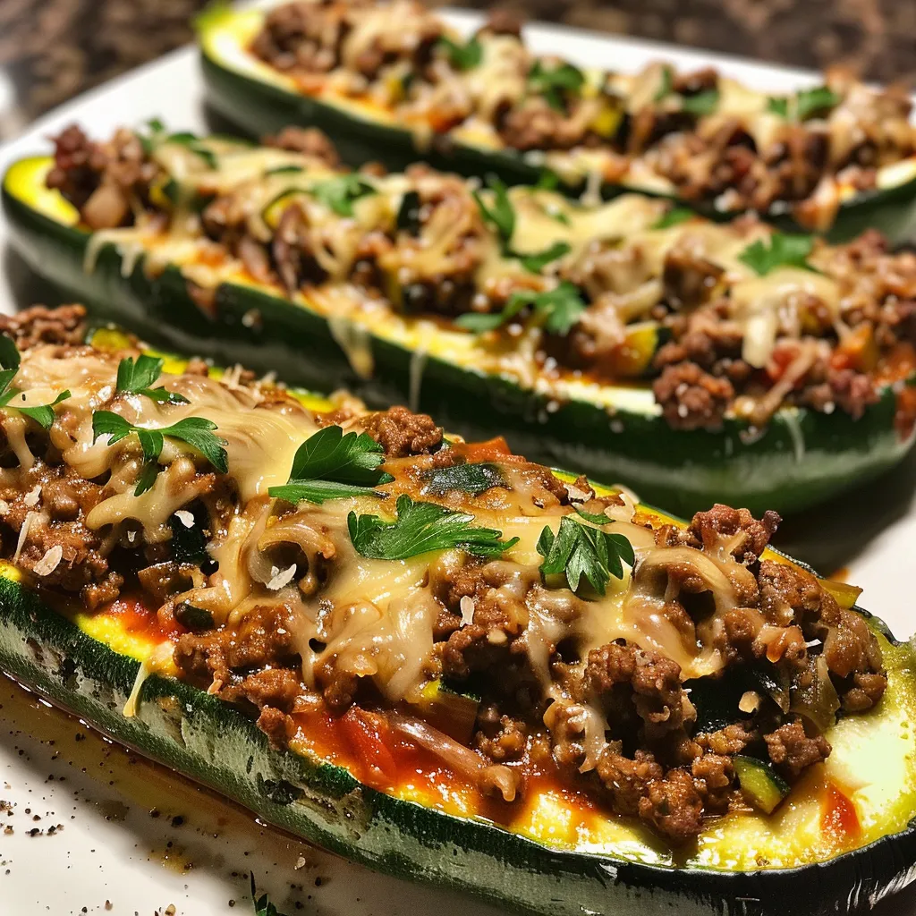 Side view of zucchini boats, showcasing ground beef filling and colorful toppings.