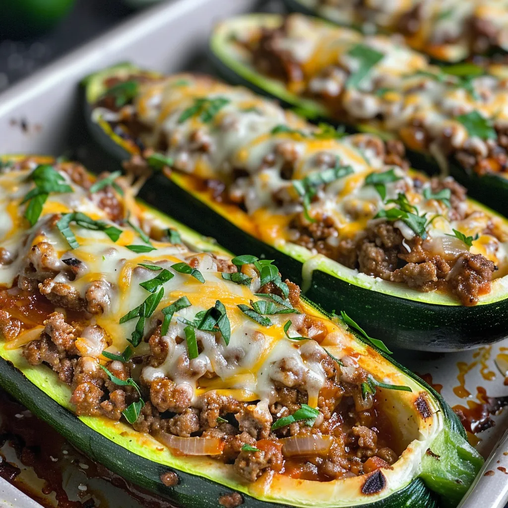 Delicious zucchini boats filled with seasoned ground beef and cheese, ready to eat.