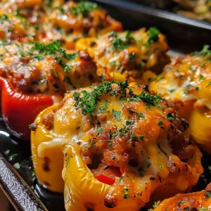Vibrant red and green bell peppers, stuffed with ground chicken and herbs, displayed on a wooden surface.