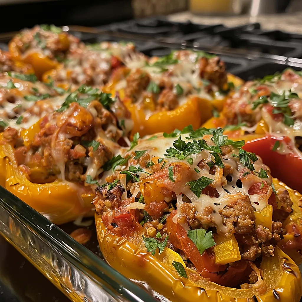 Detailed shot of ground chicken stuffed inside bright bell peppers, showcasing savory filling.