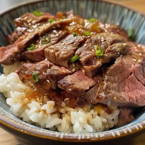 Juicy gyudon in a bowl, showcasing tender beef slices atop a bed of Japanese rice.