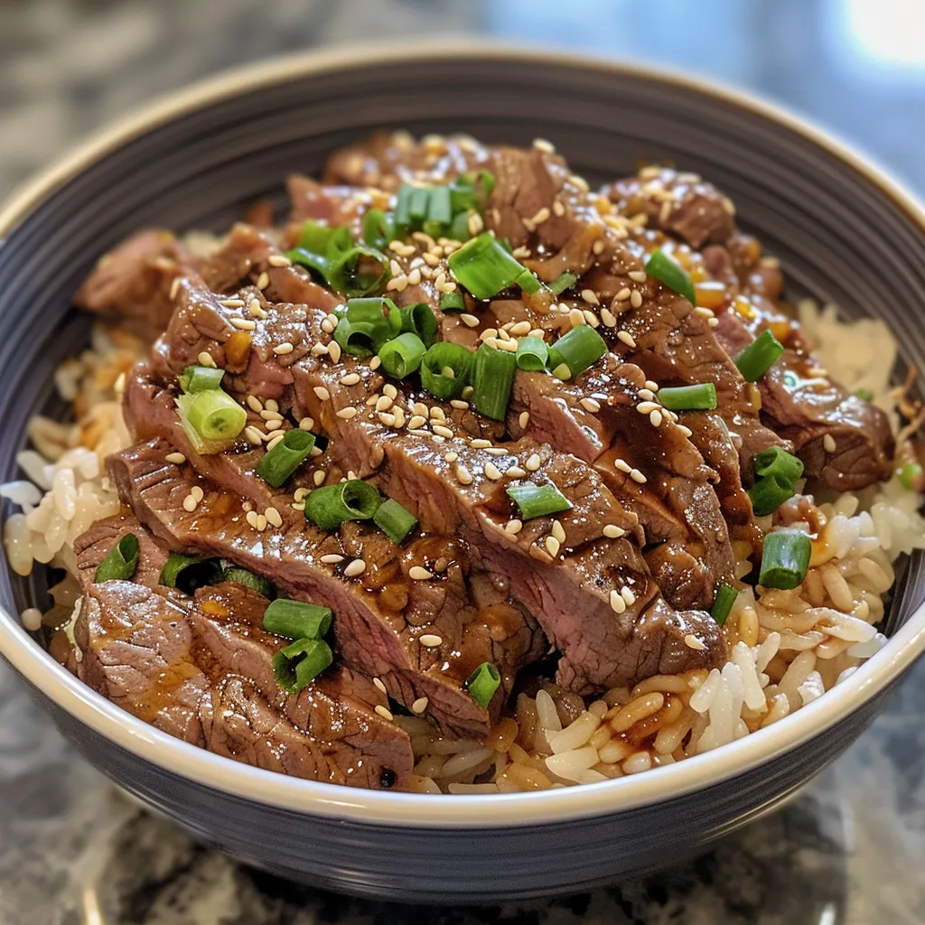 Detailed shot of gyudon, displaying the rich color of beef and the texture of cooked rice.