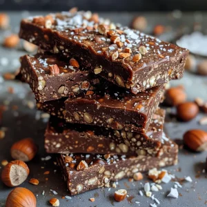 Detailed shot of a hazelnut protein bar surrounded by ingredients like hazelnuts and shredded coconut.