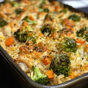 Side view of a hearty chicken and rice casserole, emphasizing its creamy texture and colorful veggies.