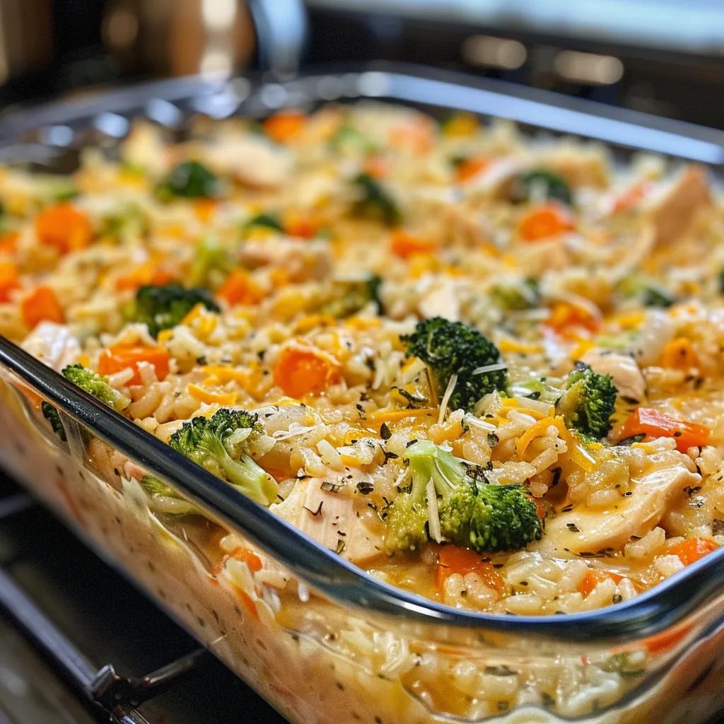 Gourmet-style image of a healthy chicken and rice casserole, highlighting its fresh ingredients.