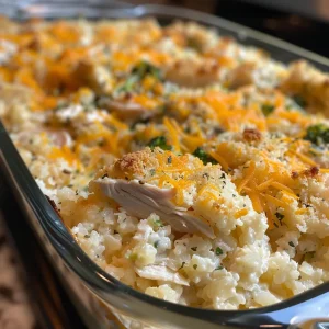 Delicious baked chicken and cauliflower rice casserole with a golden cheese crust.