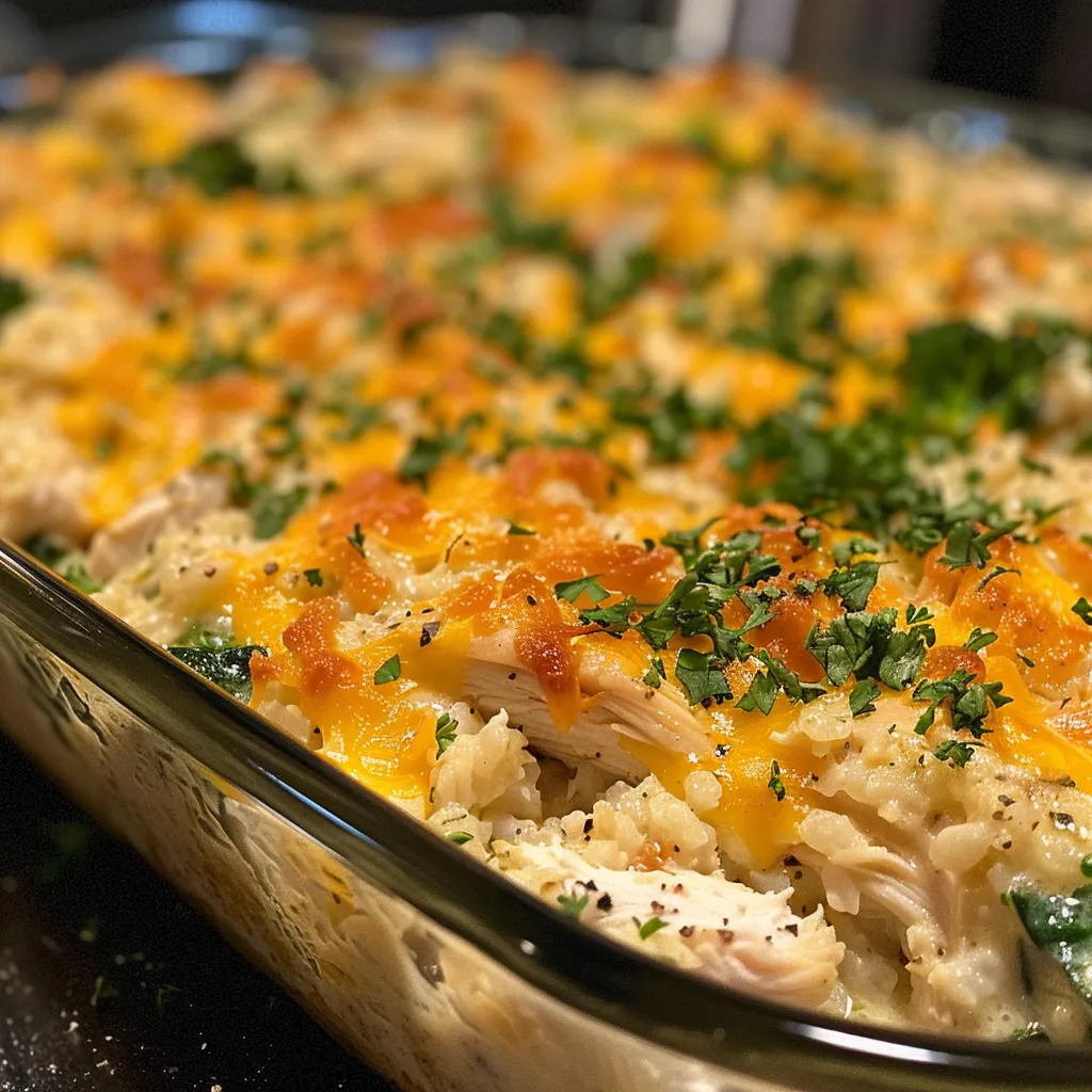 Juicy chicken and cauliflower rice casserole displayed in a serving dish, showing layers of ingredients.