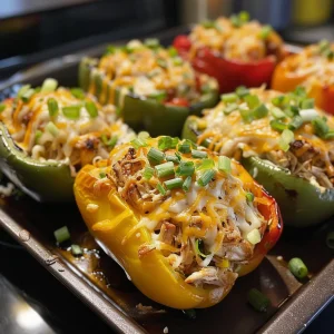 Mouthwatering stuffed peppers showcasing a mix of chicken, cheese, and spices in a colorful bowl.
