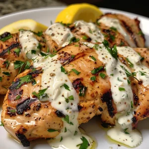 Side view of tender grilled chicken accompanied by a luscious yogurt sauce, decorated with green herbs.