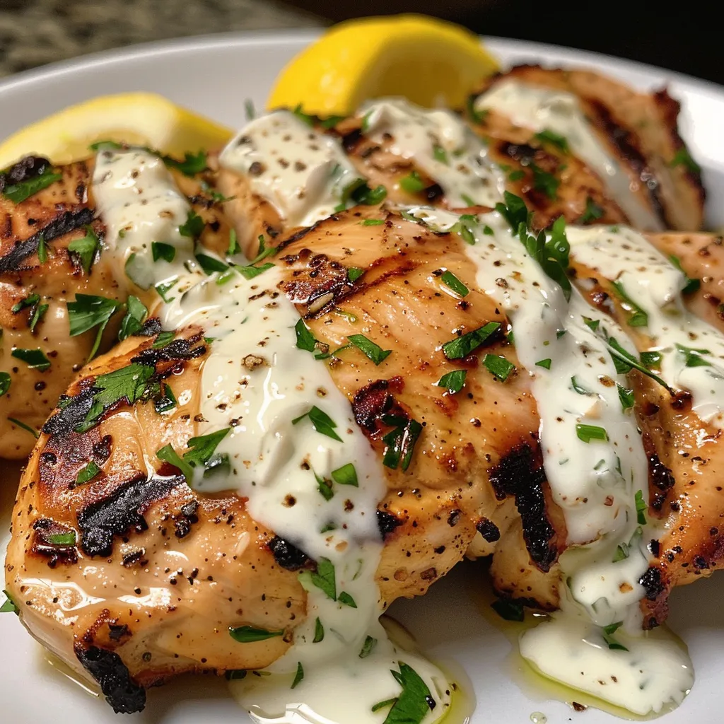 Side view of tender grilled chicken accompanied by a luscious yogurt sauce, decorated with green herbs.