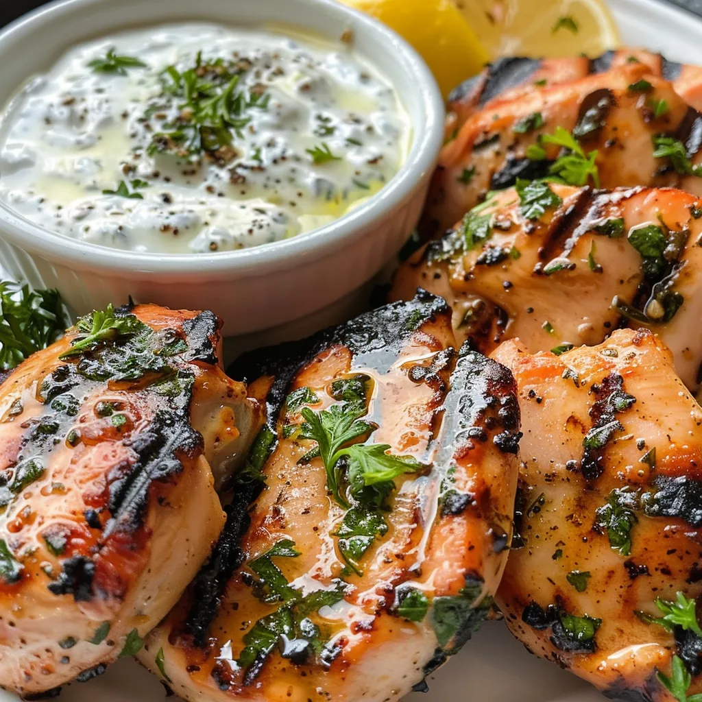 Appetizing grilled chicken with yogurt sauce, capturing the succulent meat and vibrant herb garnish.