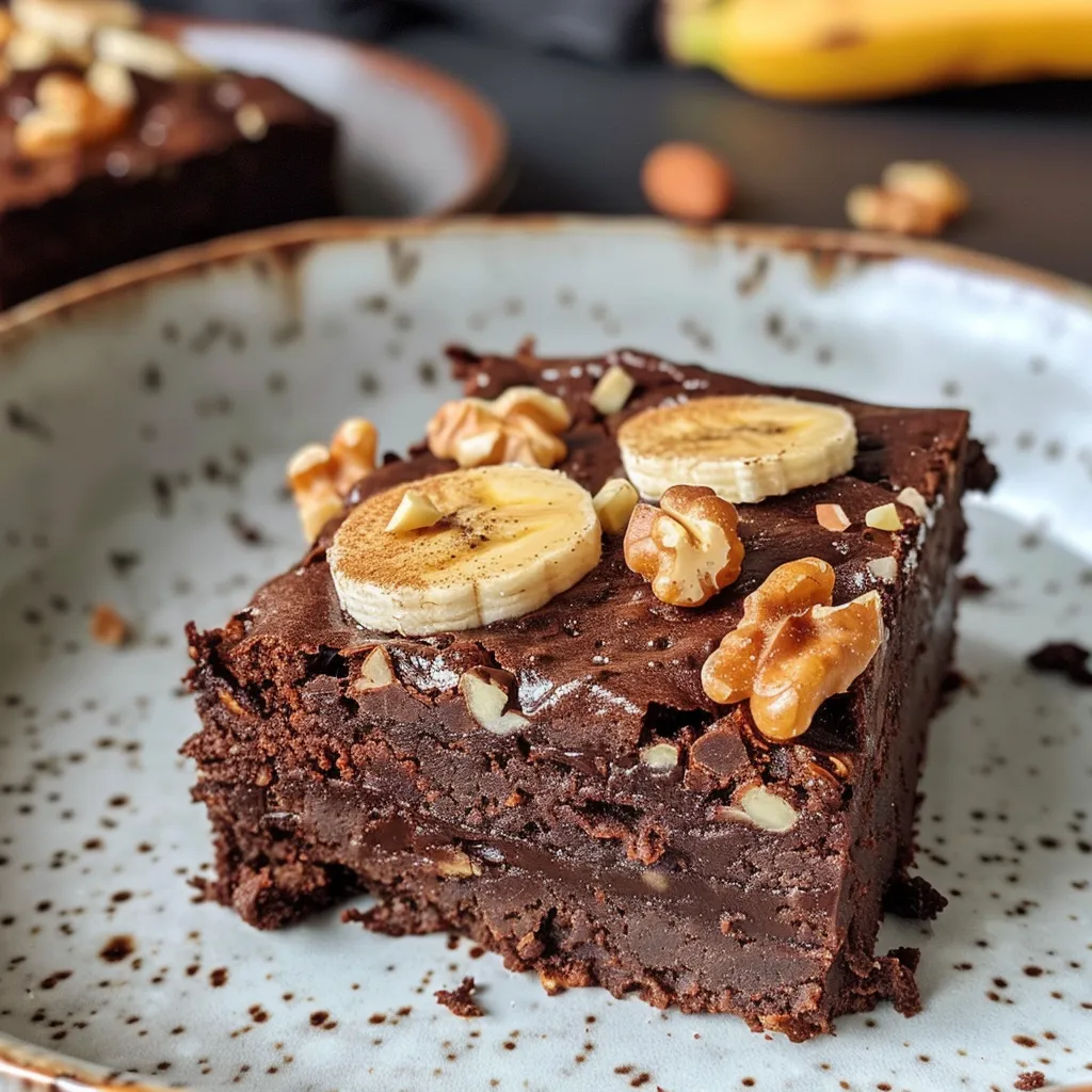 Decadent vegan banana brownies displayed in a tempting side view, showcasing a sprinkle of nuts.