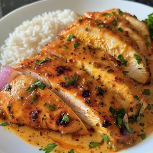 Side view of a plate featuring high protein creamy Cajun chicken and fluffy garlic rice.