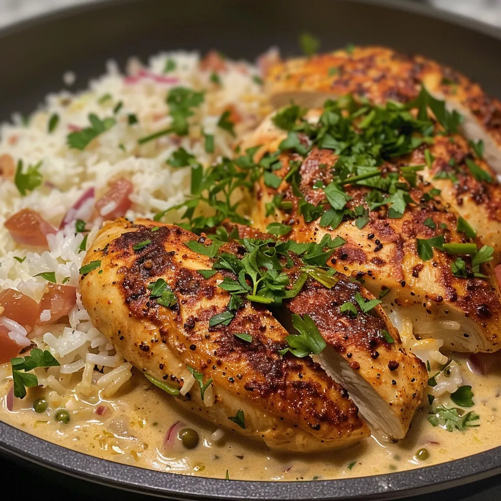 Deliciously prepared Cajun chicken accompanied by aromatic garlic rice.