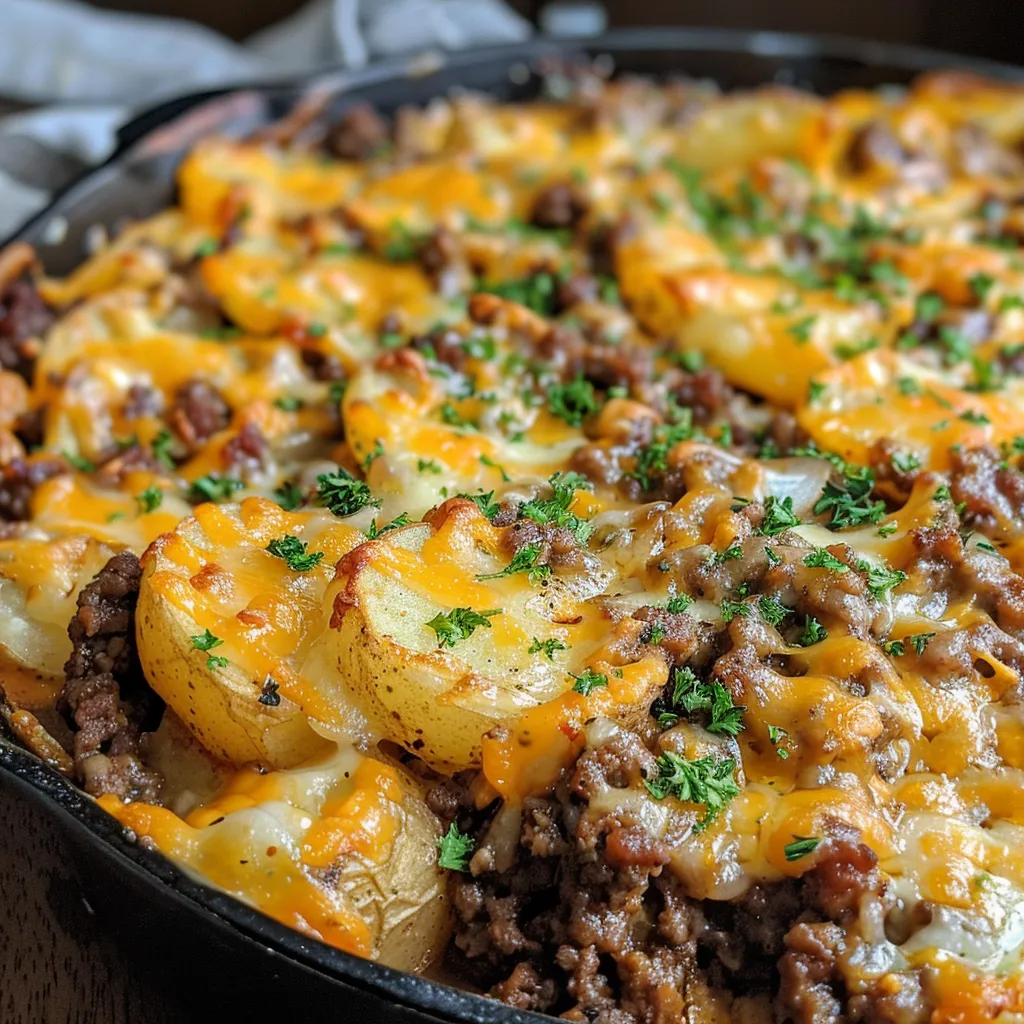 Juicy Hobo Casserole displayed with cheddar and Parmesan cheese topping.