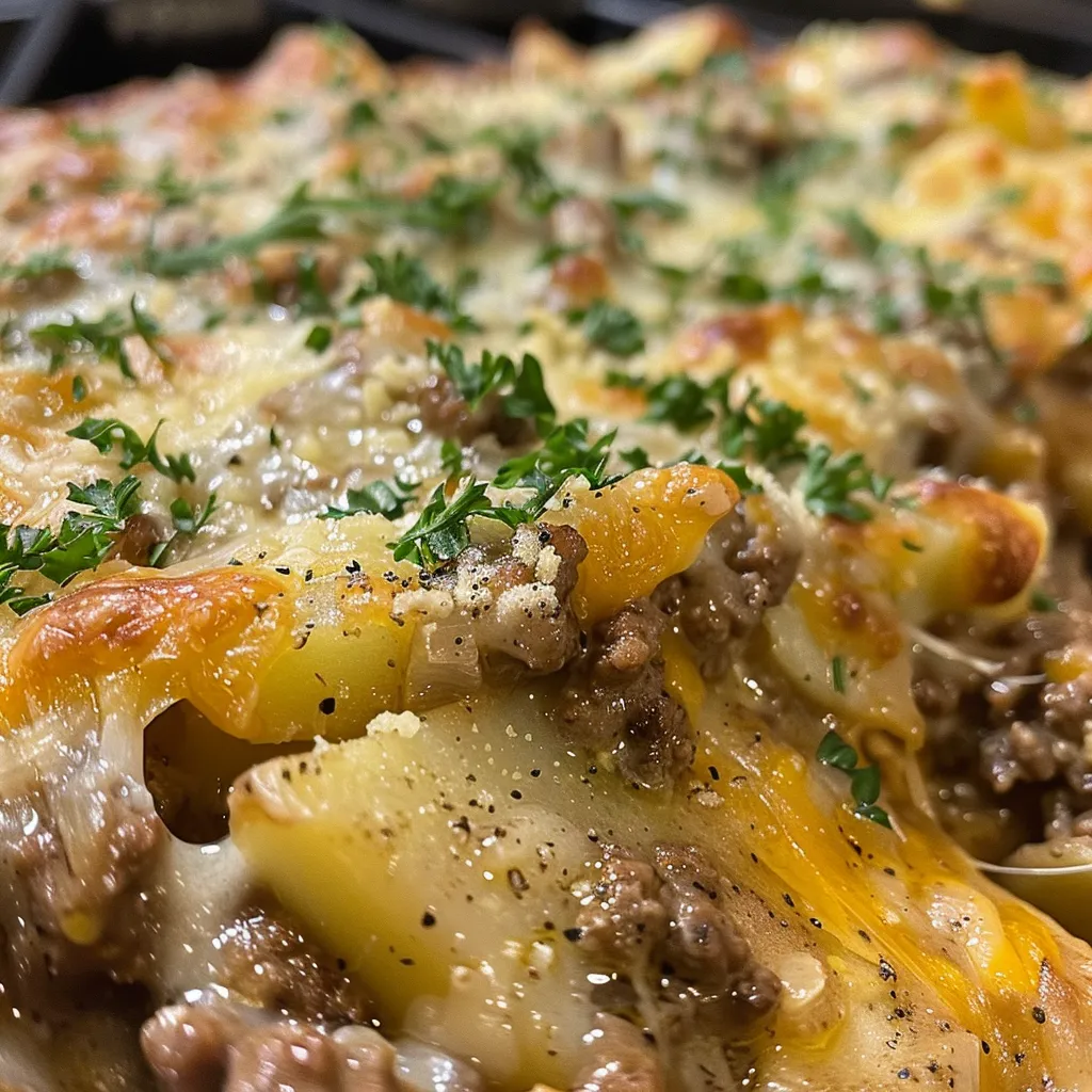 Mouthwatering Hobo Casserole showcasing ground beef and sliced potatoes.
