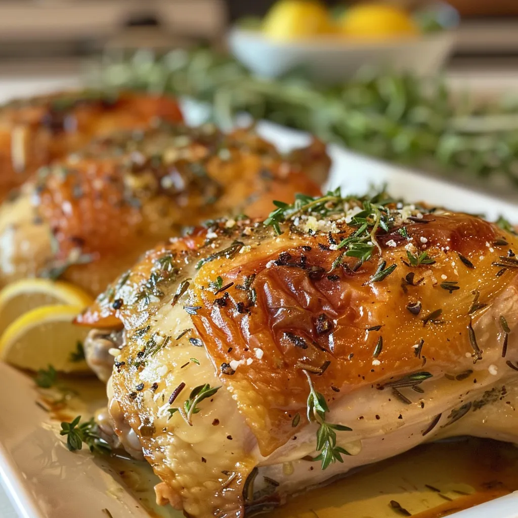Side view of succulent chicken thighs with crispy skin and vibrant herbs on a plate.