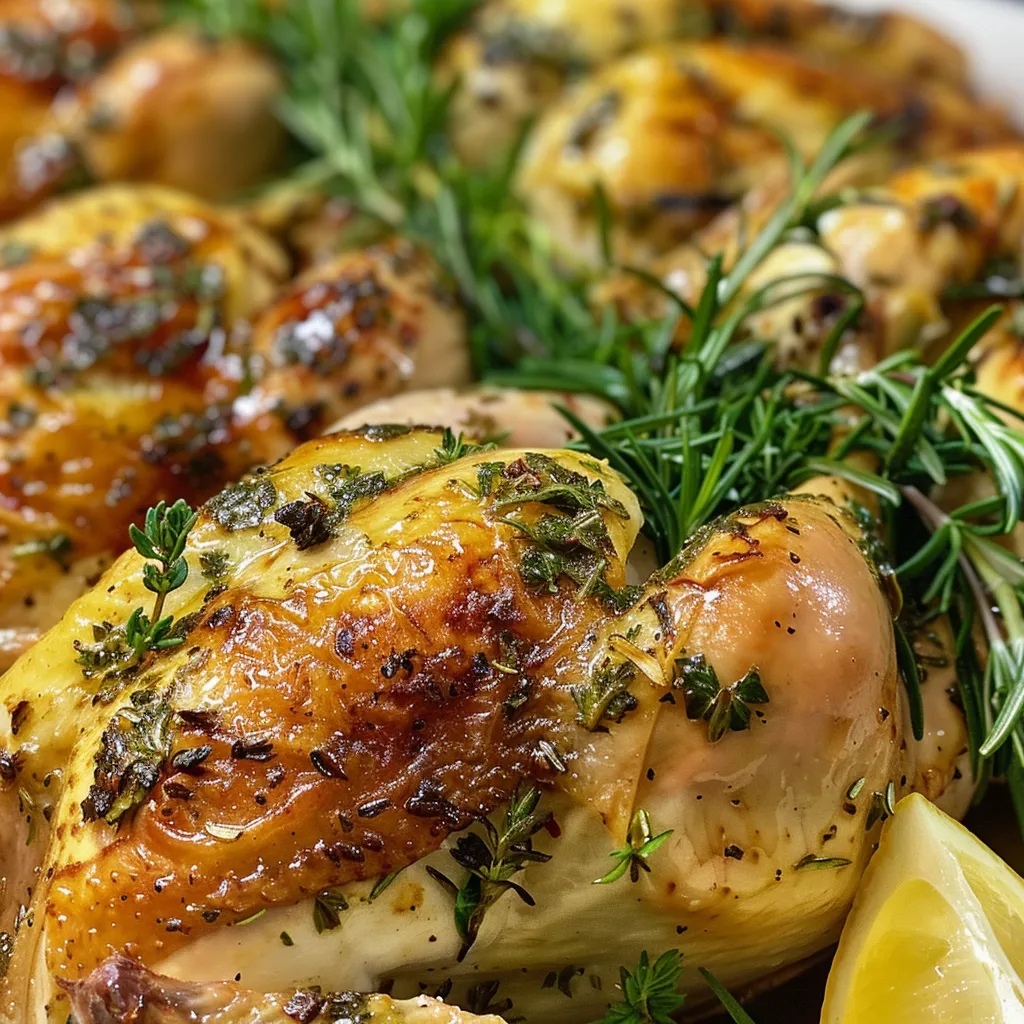 Deliciously roasted chicken thighs featuring rosemary, thyme, and garlic in a festive setting.