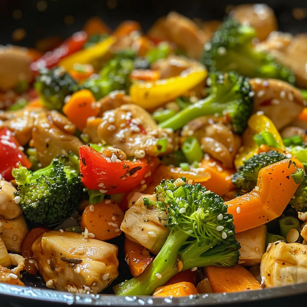 Side angle shot of chicken stir fry showcasing tender chicken pieces and fresh vegetables.