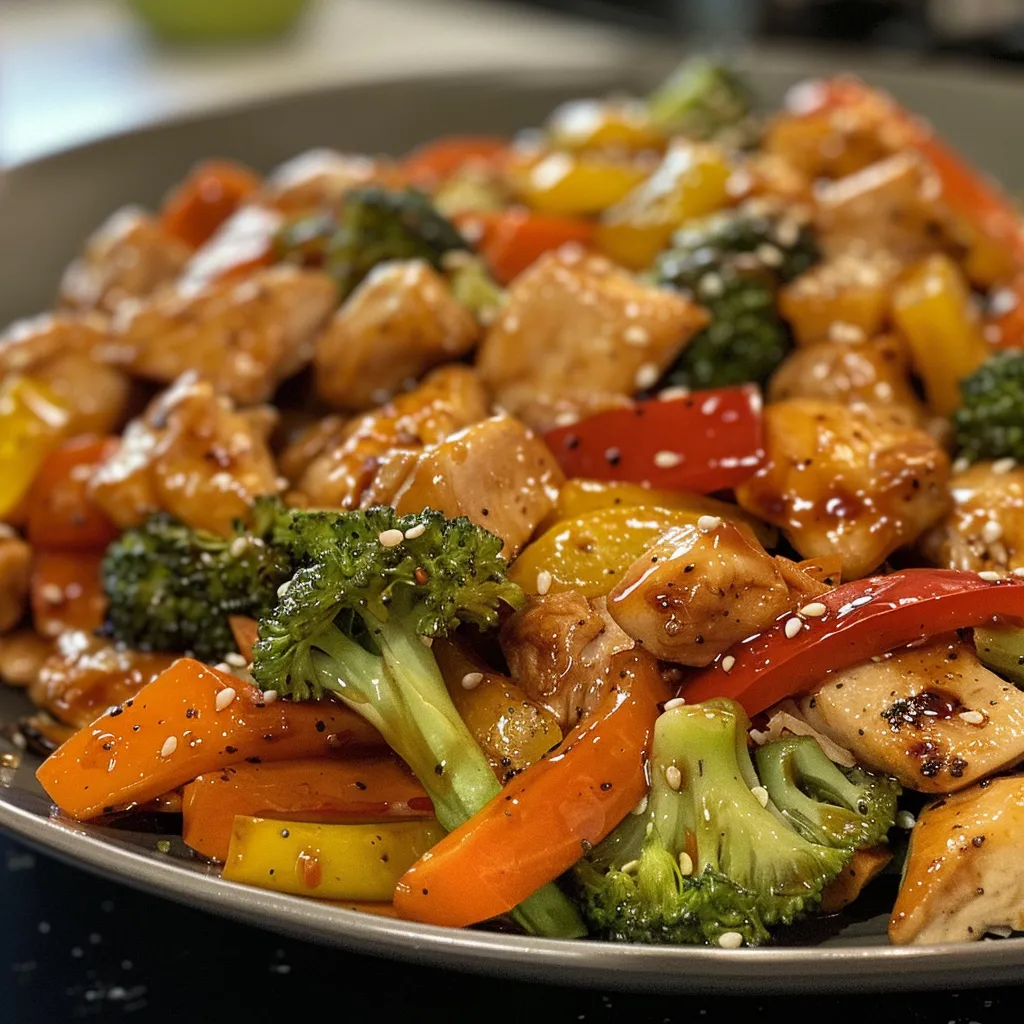 Delicious homemade chicken stir fry with a mix of bright veggies and a rich, glossy coating.