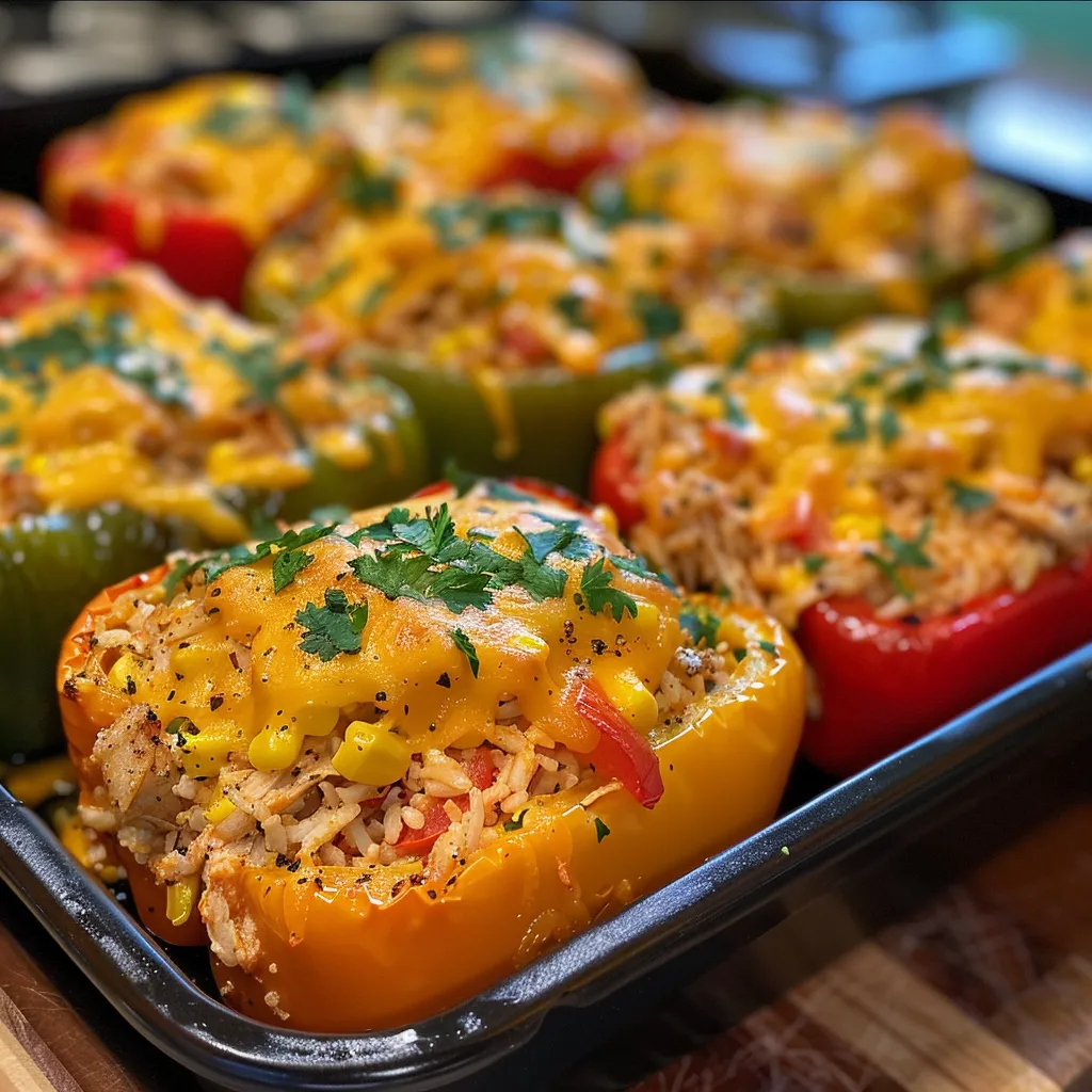 Delicious stuffed peppers featuring a mix of chicken, rice, and cheese.