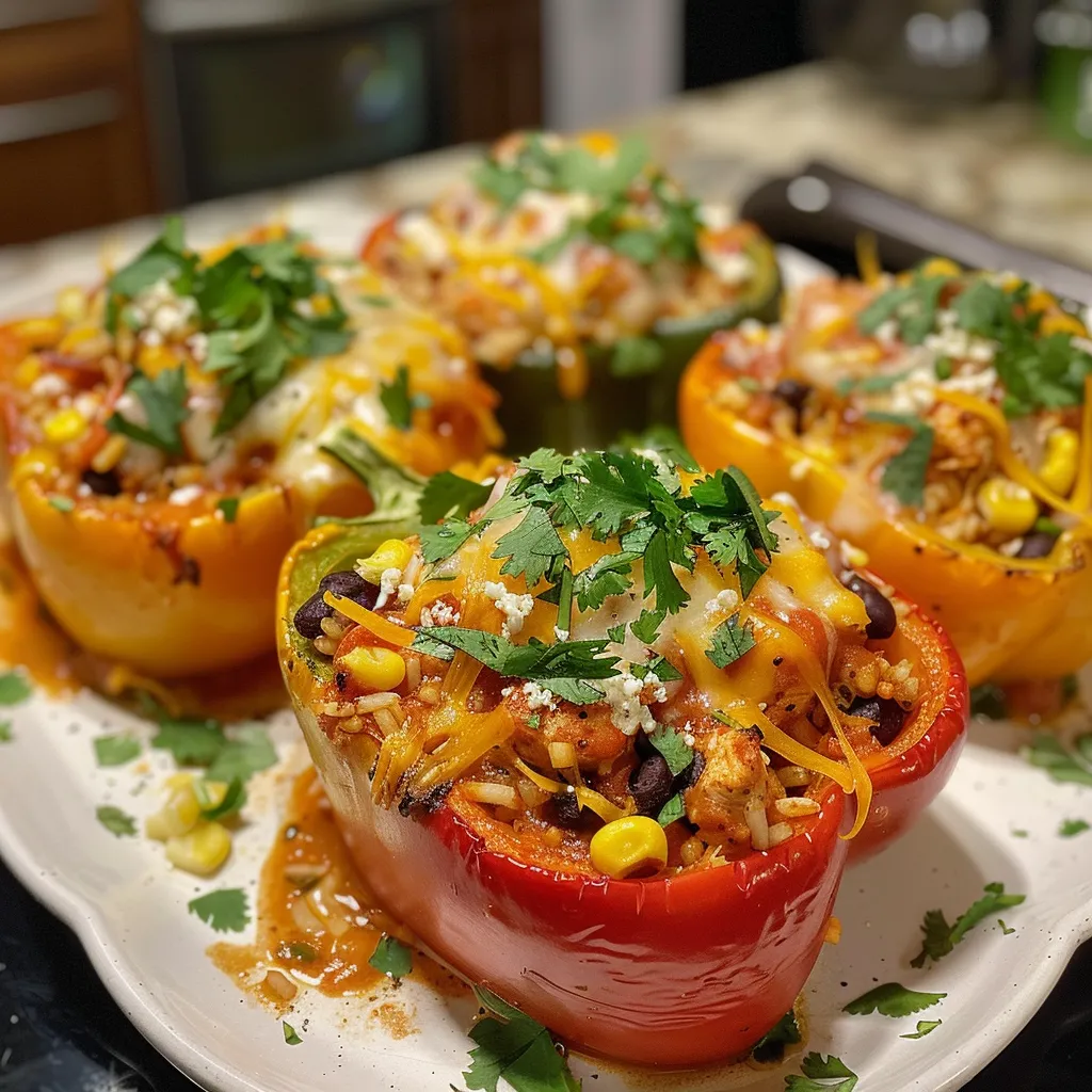 Colorful bell peppers stuffed with chicken, beans, corn, and topped with cheese.