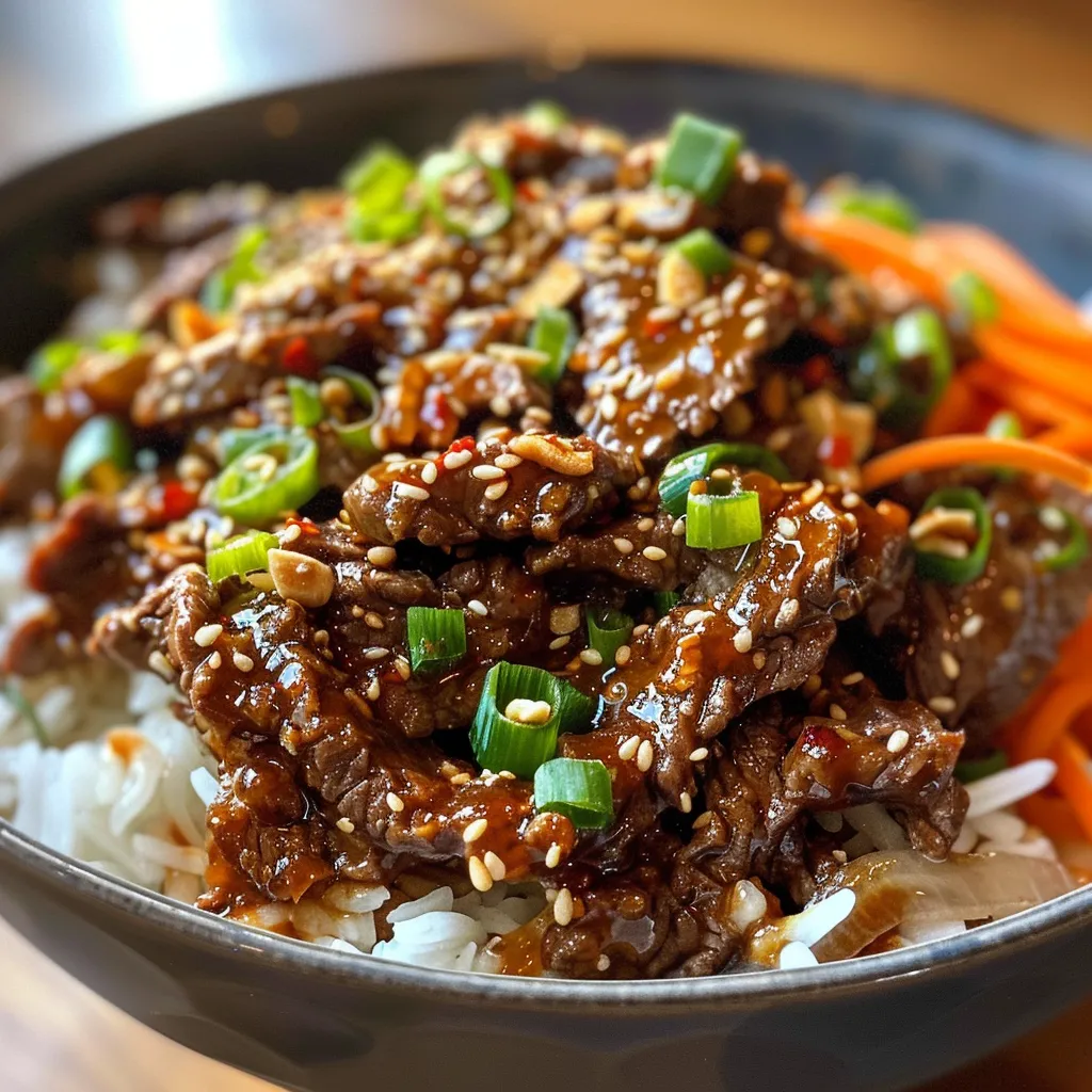 An enticing bowl of Korean BBQ Beef Bulgogi with rice, featuring vibrant colors and a rich glaze.