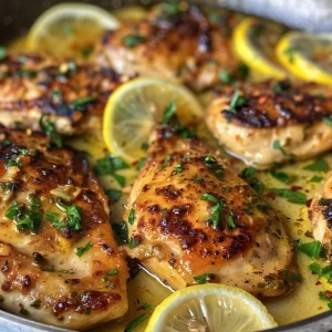 Lemon Butter Chicken resting in a buttery sauce with sprigs of fresh parsley on top.