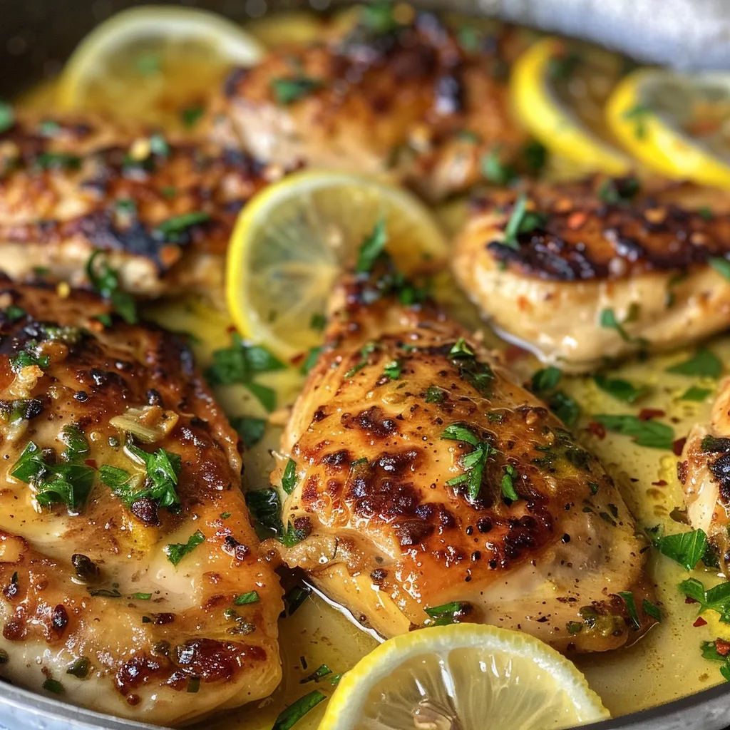 Lemon Butter Chicken resting in a buttery sauce with sprigs of fresh parsley on top.