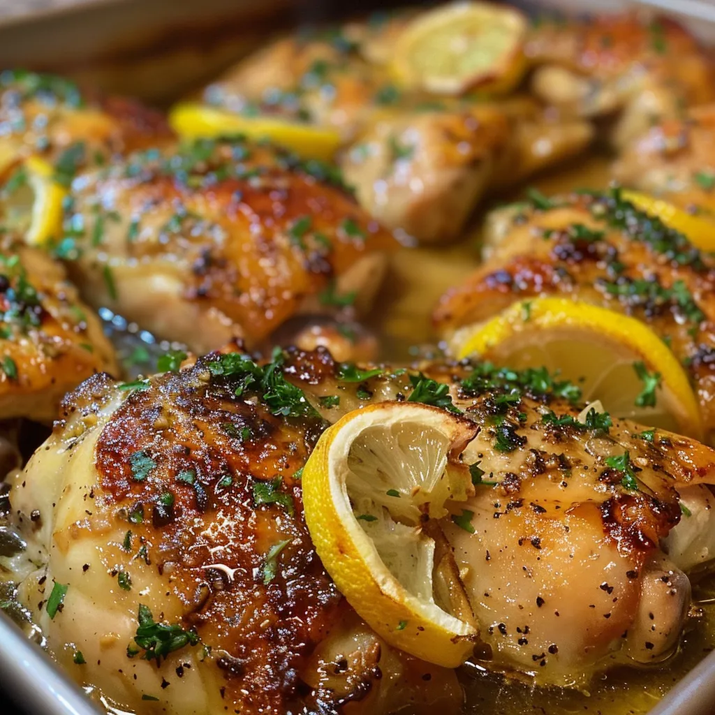 A detailed image of a chicken and broccoli skillet, featuring zesty lemon and fresh herbs for garnish.