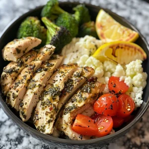 A vibrant protein bowl featuring diced chicken, roasted veggies, and creamy mashed cauliflower topped with cherry tomatoes.