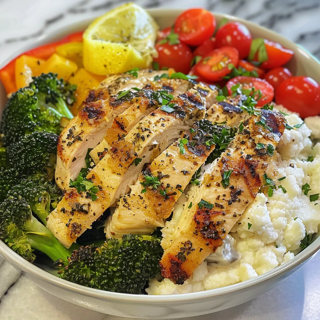 Side view of a nutritious lemon herb chicken bowl filled with chicken, roasted broccoli, and creamy cauliflower mash.