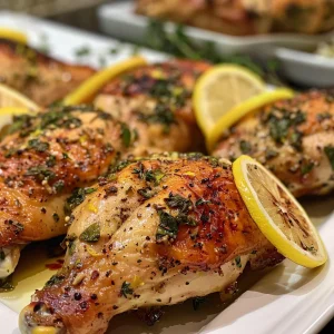 Crispy-skinned chicken thighs drizzled with herbs and lemon, served on a rustic table.