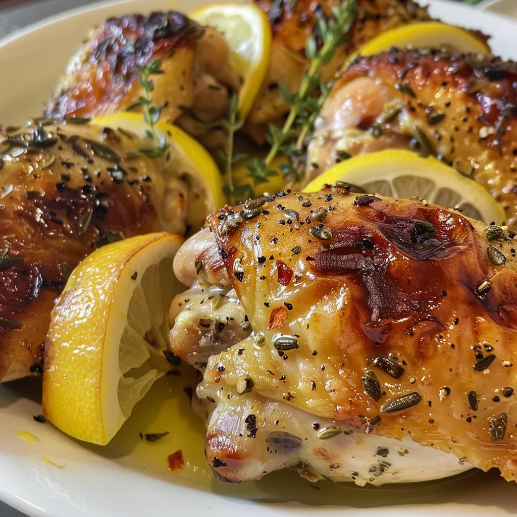 Mouthwatering roasted chicken thighs featuring visible lemon and herb seasoning.